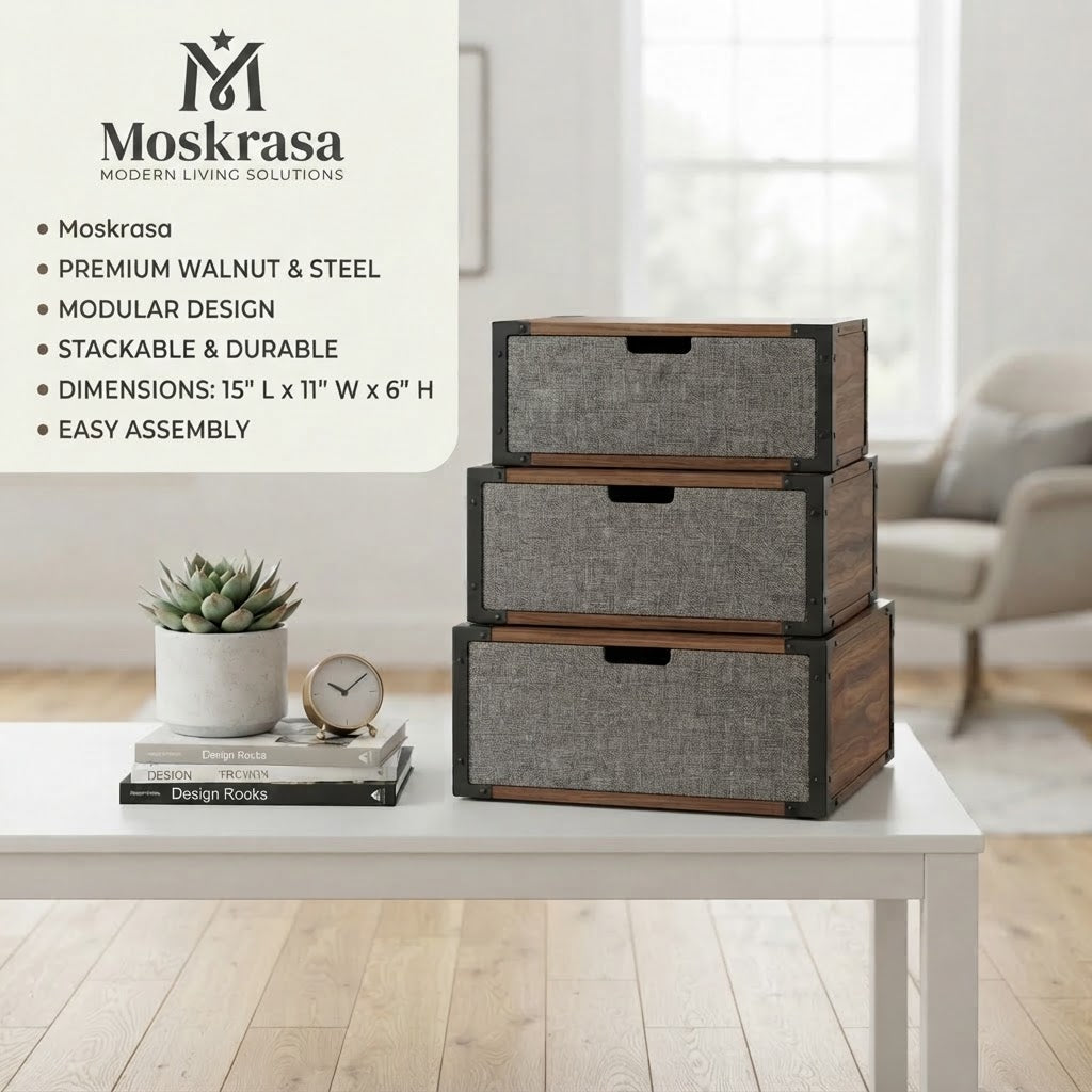 Moskrasa Modular Stackable Storage Box – Premium Walnut Wood & Heavy-Duty Steel Frame Organizer