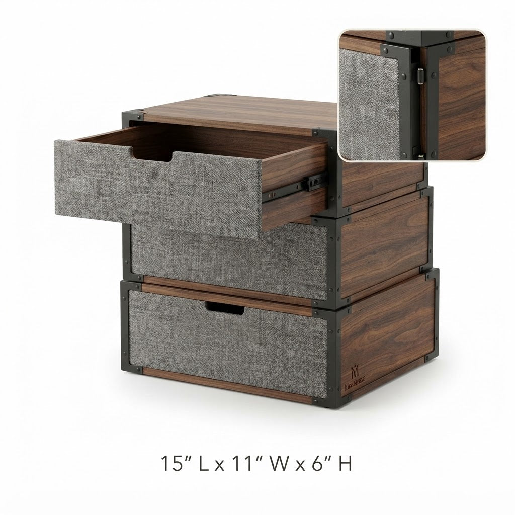 Moskrasa Modular Stackable Storage Box – Premium Walnut Wood & Heavy-Duty Steel Frame Organizer