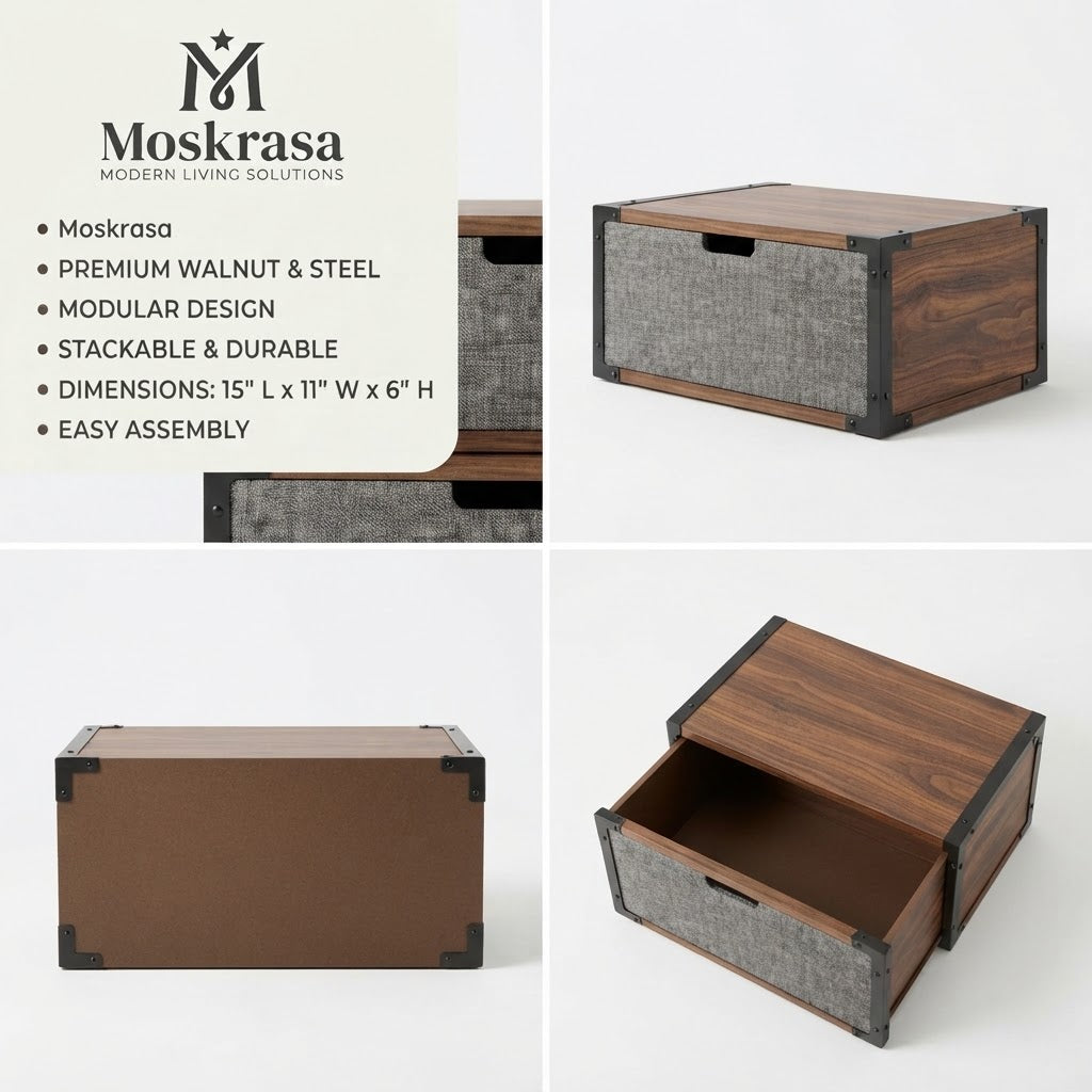 Moskrasa Modular Stackable Storage Box – Premium Walnut Wood & Heavy-Duty Steel Frame Organizer