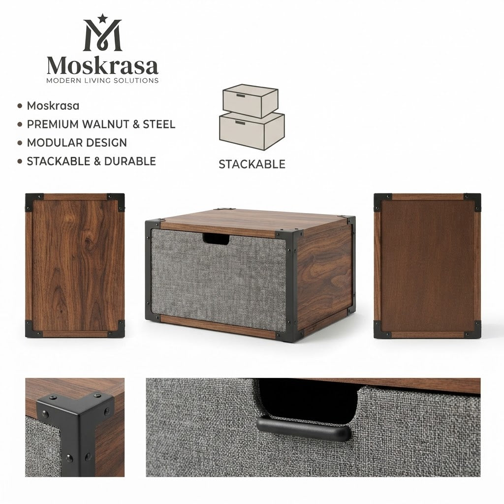Moskrasa Modular Stackable Storage Box – Premium Walnut Wood & Heavy-Duty Steel Frame Organizer