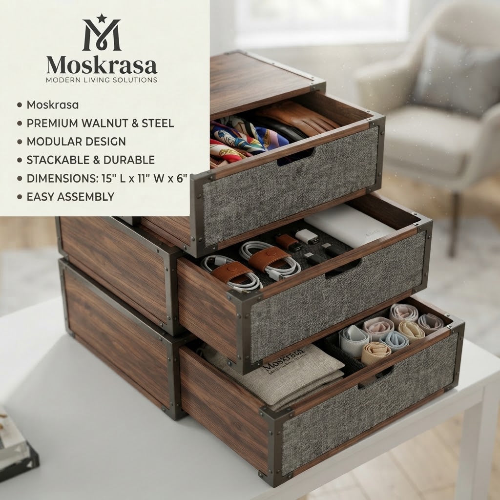 Moskrasa Modular Stackable Storage Box – Premium Walnut Wood & Heavy-Duty Steel Frame Organizer