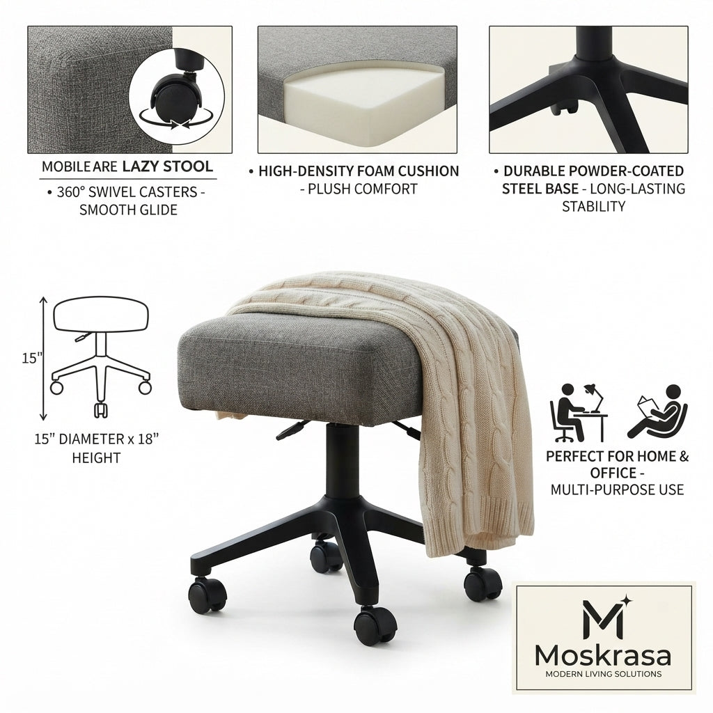 Moskrasa Mobile Lazy Stool – Ergonomic Rolling Low Stool with High-Density Foam Cushion & 360° Swivel Casters for Home & Office