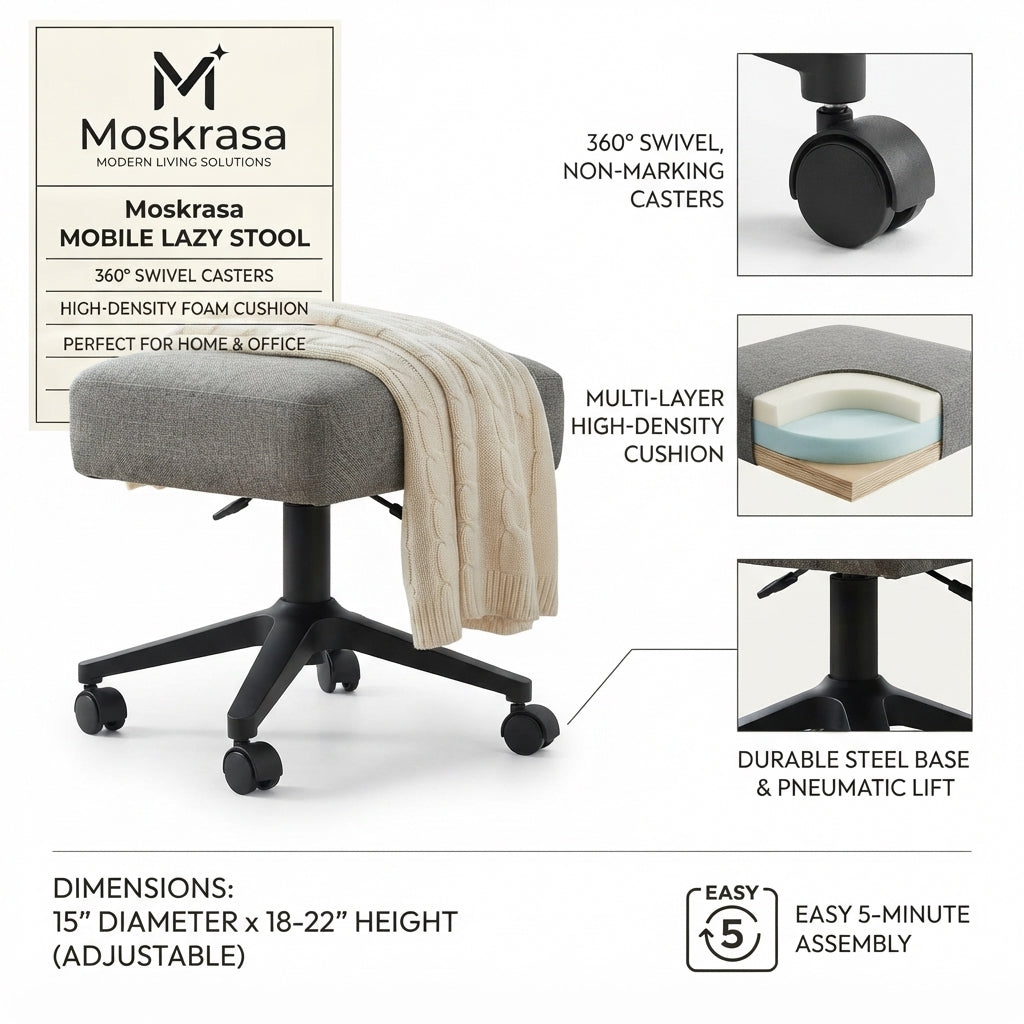 Moskrasa Mobile Lazy Stool – Ergonomic Rolling Low Stool with High-Density Foam Cushion & 360° Swivel Casters for Home & Office