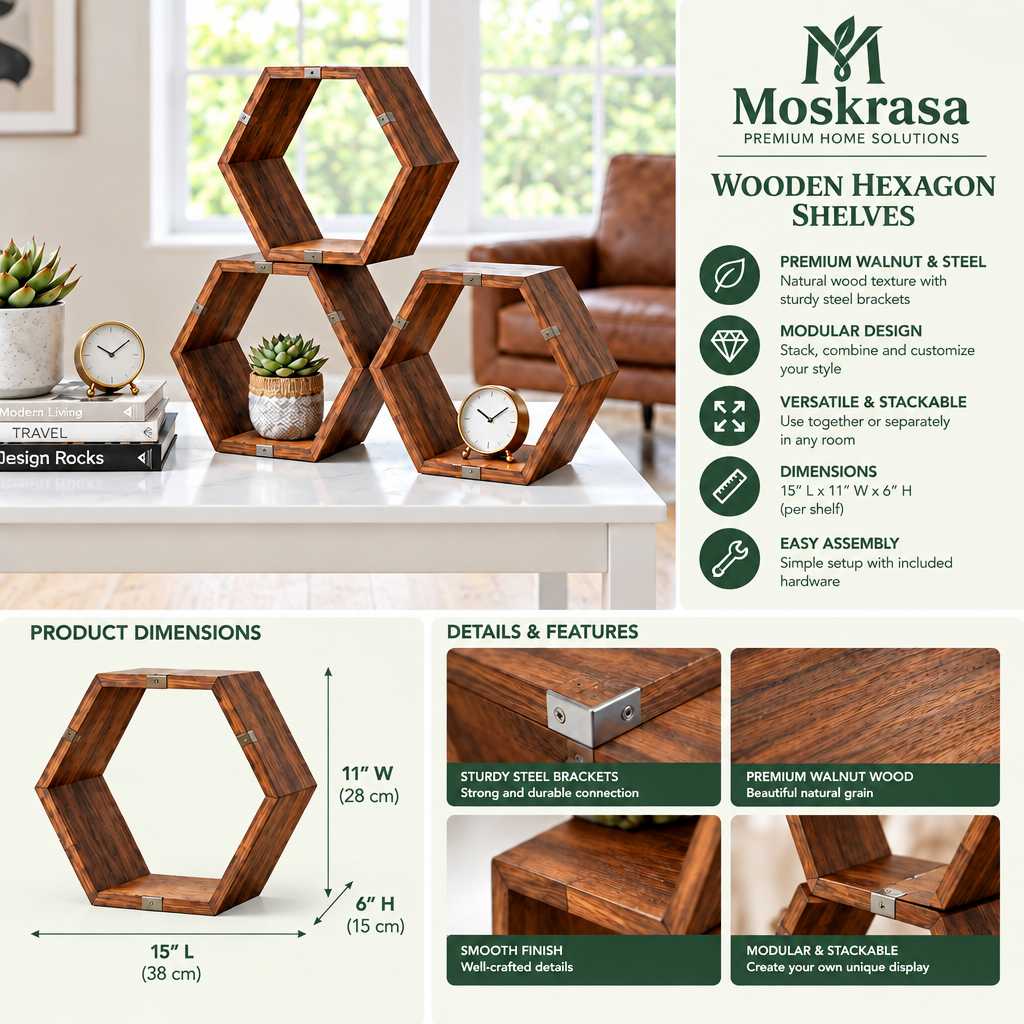 Moskrasa Modular Hexagon Wood Shelves – Premium Walnut & Steel Stackable Geometric Display (Set of 3)
