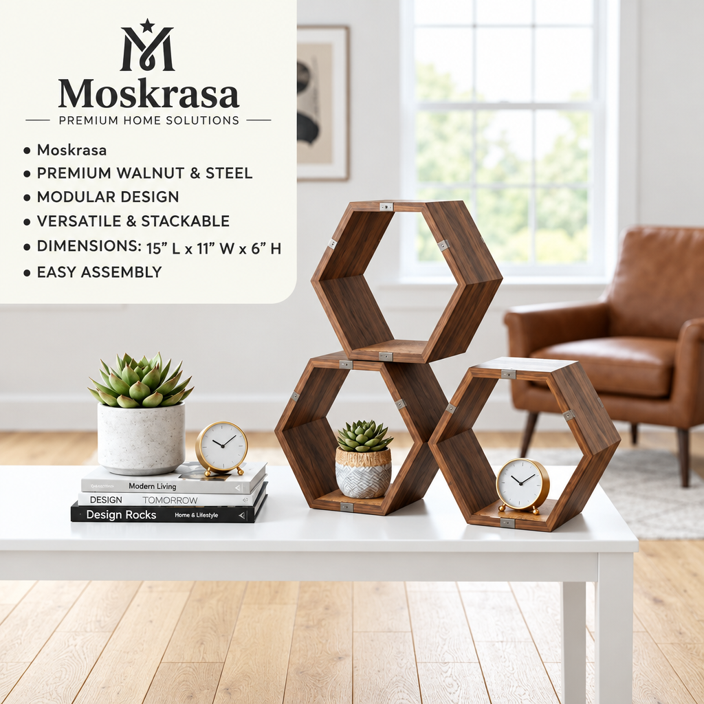 Moskrasa Modular Hexagon Wood Shelves – Premium Walnut & Steel Stackable Geometric Display (Set of 3)