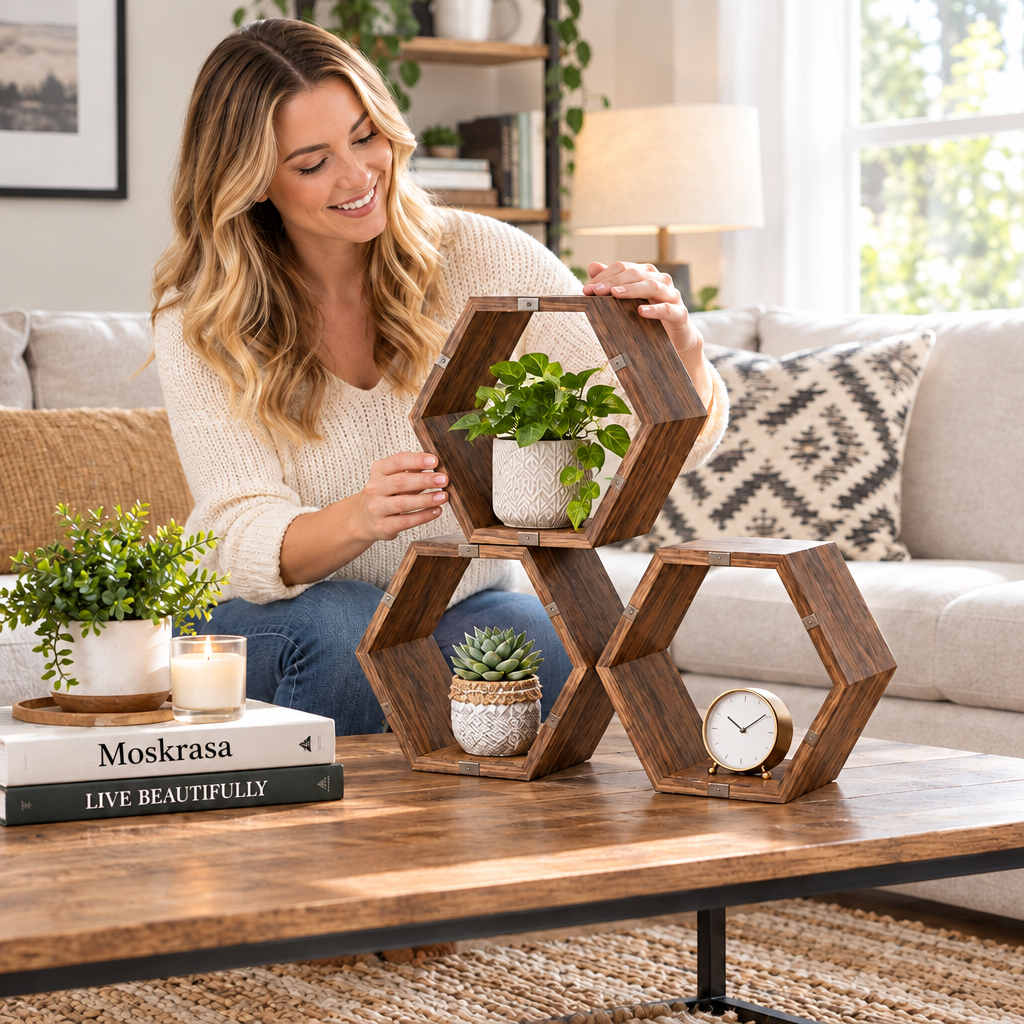 Moskrasa Modular Hexagon Wood Shelves – Premium Walnut & Steel Stackable Geometric Display (Set of 3)
