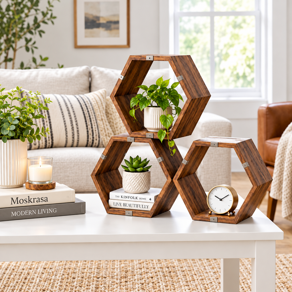 Moskrasa Modular Hexagon Wood Shelves – Premium Walnut & Steel Stackable Geometric Display (Set of 3)