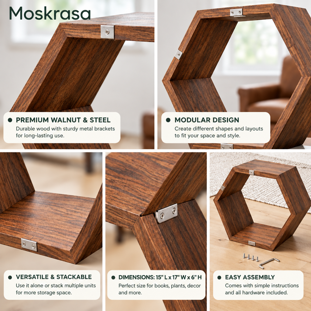Moskrasa Modular Hexagon Wood Shelves – Premium Walnut & Steel Stackable Geometric Display (Set of 3)