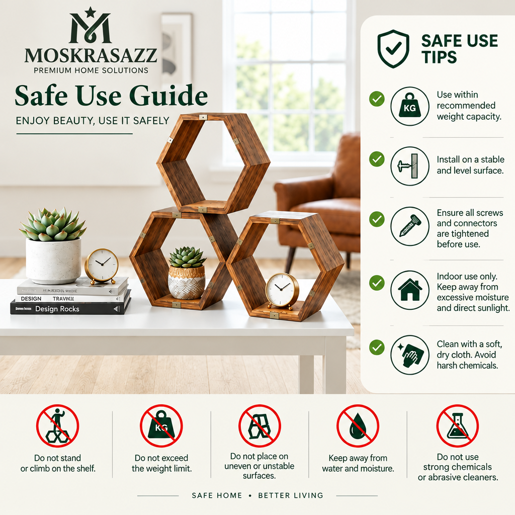 Moskrasa Modular Hexagon Wood Shelves – Premium Walnut & Steel Stackable Geometric Display (Set of 3)