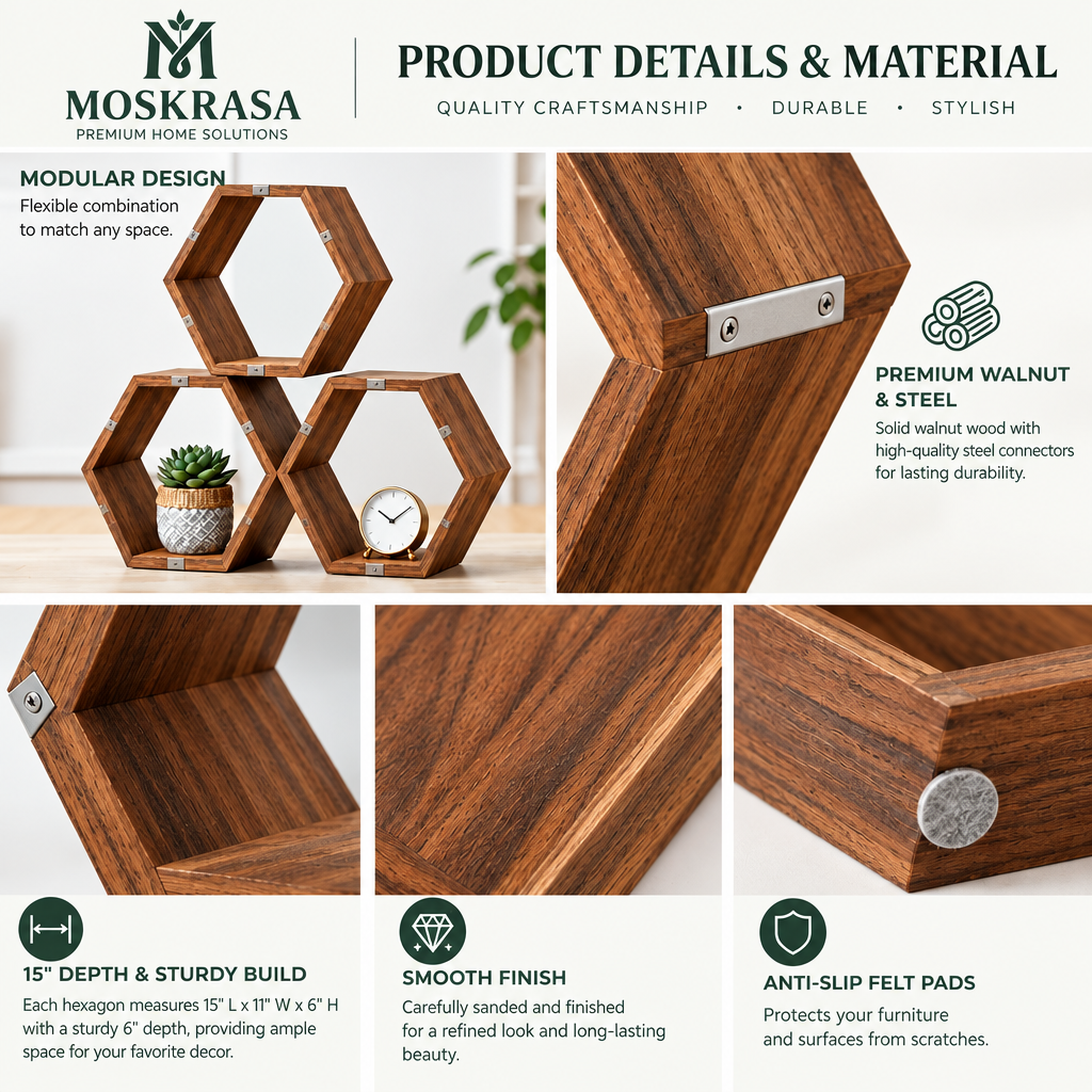 Moskrasa Modular Hexagon Wood Shelves – Premium Walnut & Steel Stackable Geometric Display (Set of 3)