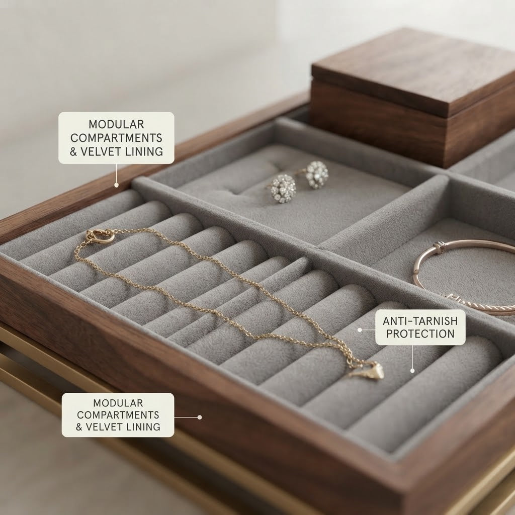Moskrasa Luxury Jewelry Organizer Tray – Solid American Walnut & Brushed Brass Frame with Anti-Tarnish Velvet Lining