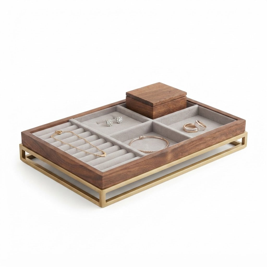 Moskrasa Luxury Jewelry Organizer Tray – Solid American Walnut & Brushed Brass Frame with Anti-Tarnish Velvet Lining