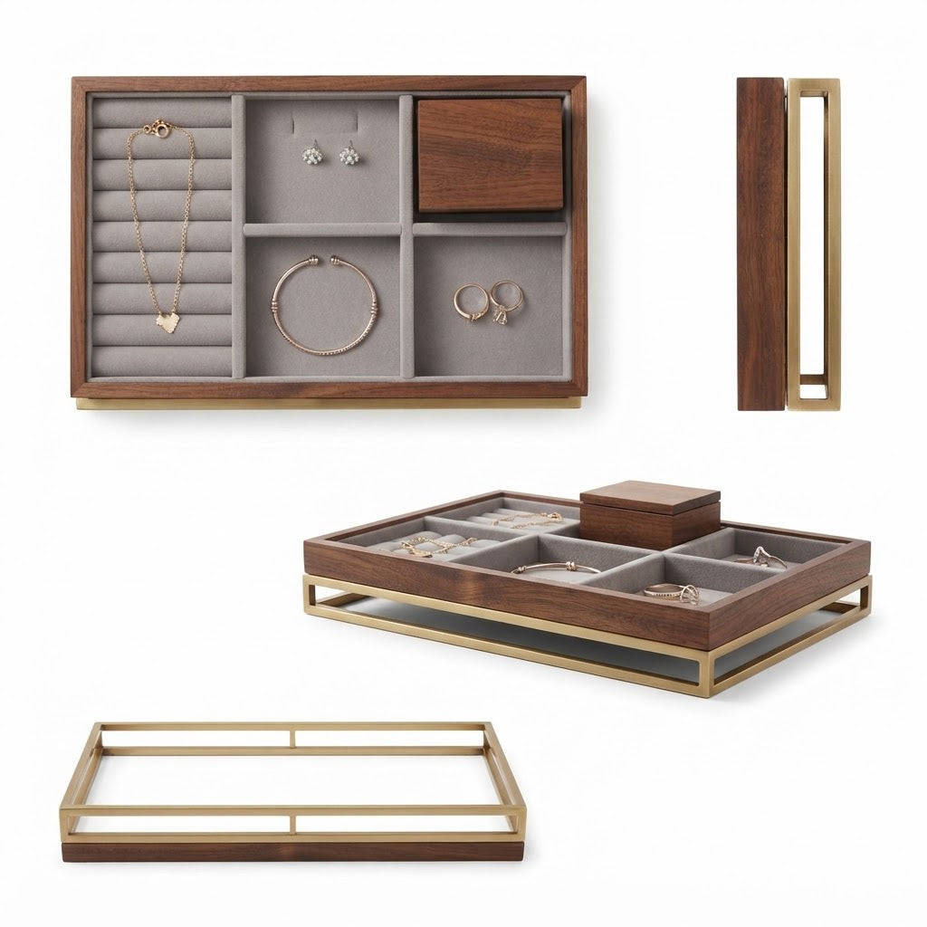 Moskrasa Luxury Jewelry Organizer Tray – Solid American Walnut & Brushed Brass Frame with Anti-Tarnish Velvet Lining