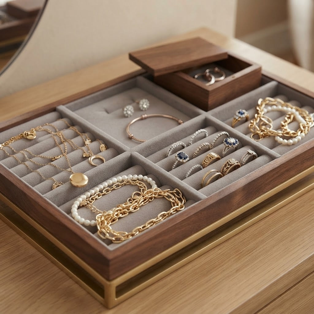 Moskrasa Luxury Jewelry Organizer Tray – Solid American Walnut & Brushed Brass Frame with Anti-Tarnish Velvet Lining