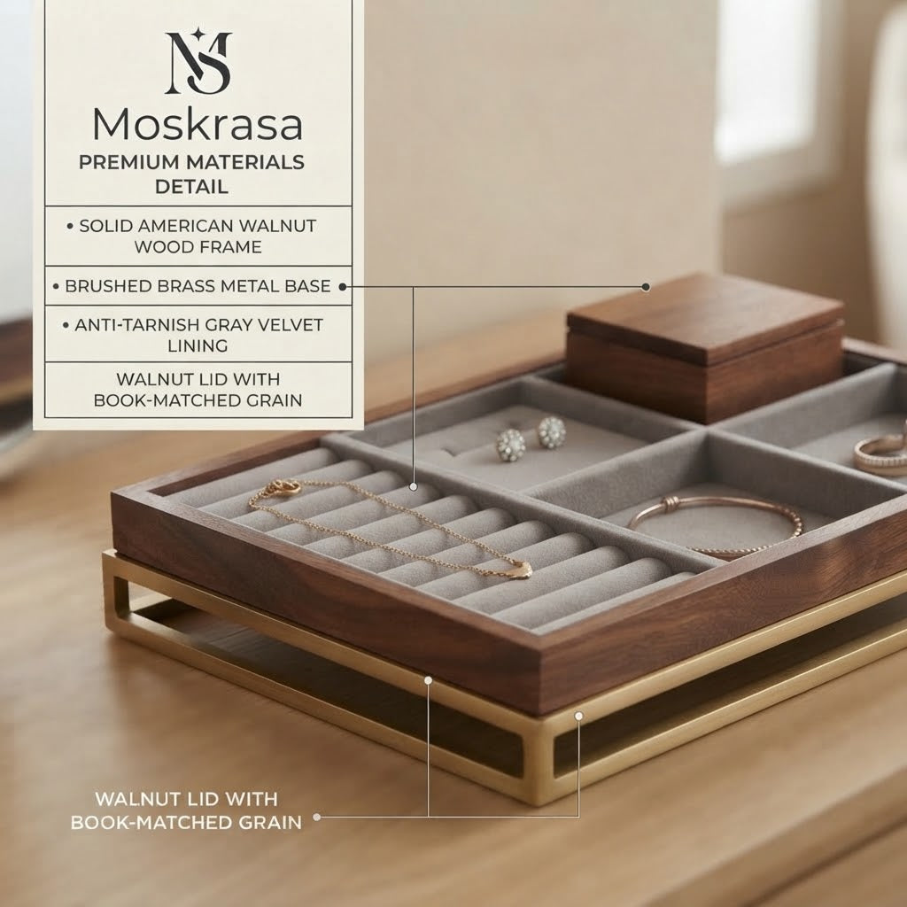 Moskrasa Luxury Jewelry Organizer Tray – Solid American Walnut & Brushed Brass Frame with Anti-Tarnish Velvet Lining