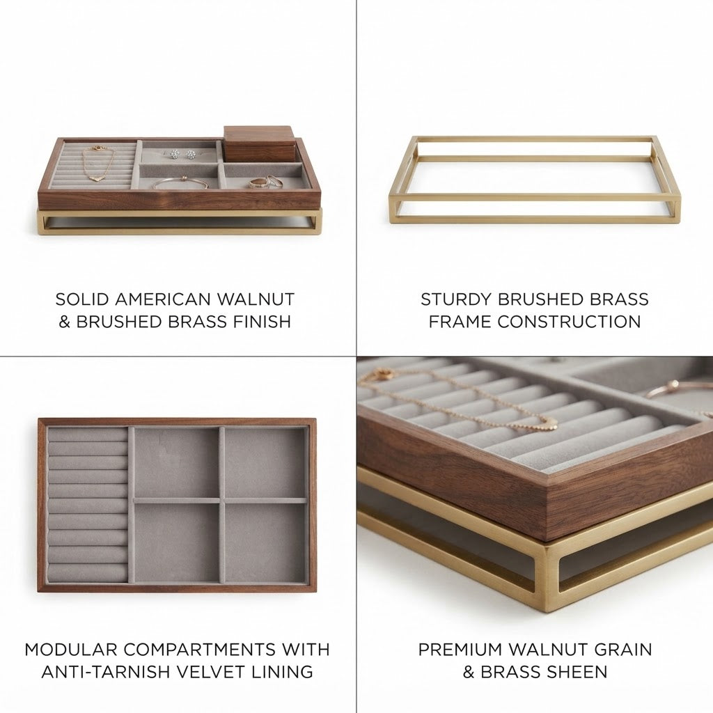 Moskrasa Luxury Jewelry Organizer Tray – Solid American Walnut & Brushed Brass Frame with Anti-Tarnish Velvet Lining
