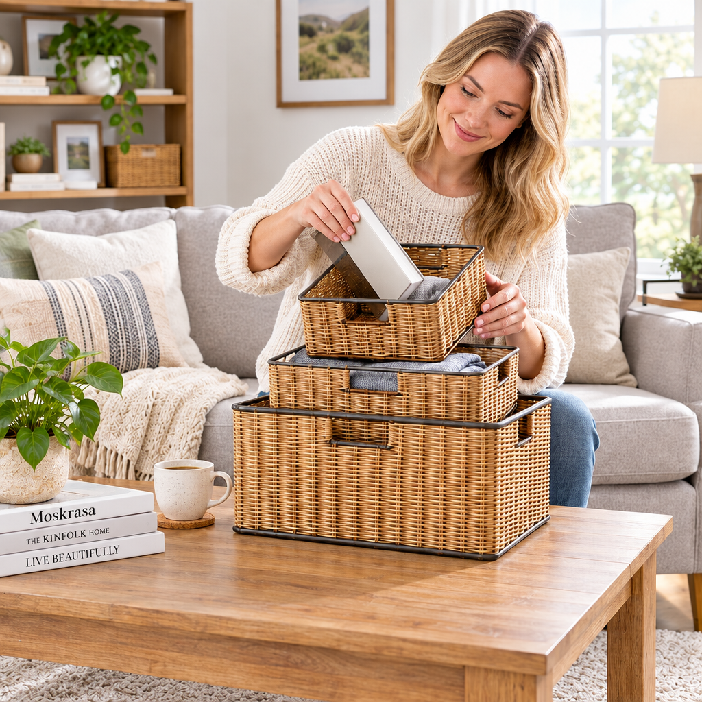 Moskrasa Modern Woven Rattan Storage Baskets with Steel Frame – Stackable & Nesting Organizer Bins for Home Decor (Set of 3)