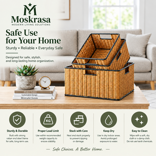 Moskrasa Modern Woven Rattan Storage Baskets with Steel Frame – Stackable & Nesting Organizer Bins for Home Decor (Set of 3)