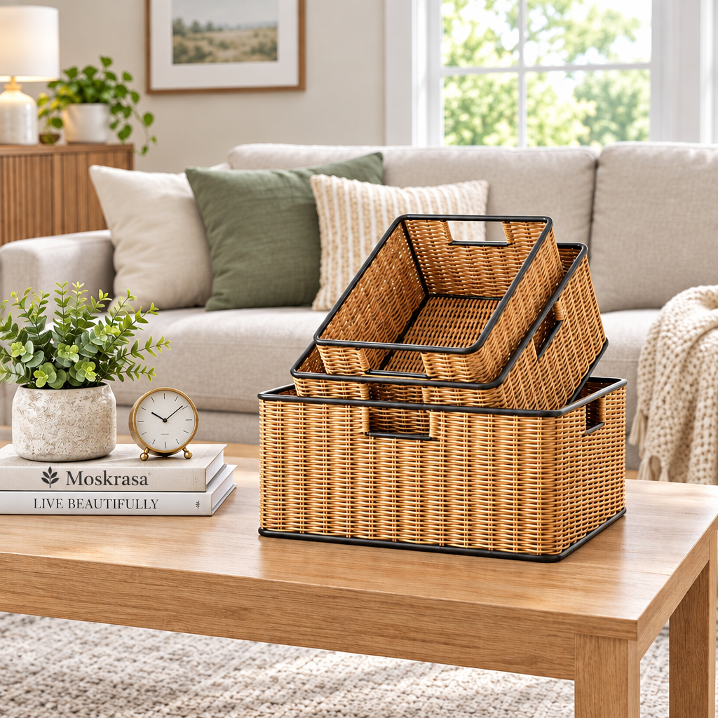 Moskrasa Modern Woven Rattan Storage Baskets with Steel Frame – Stackable & Nesting Organizer Bins for Home Decor (Set of 3)