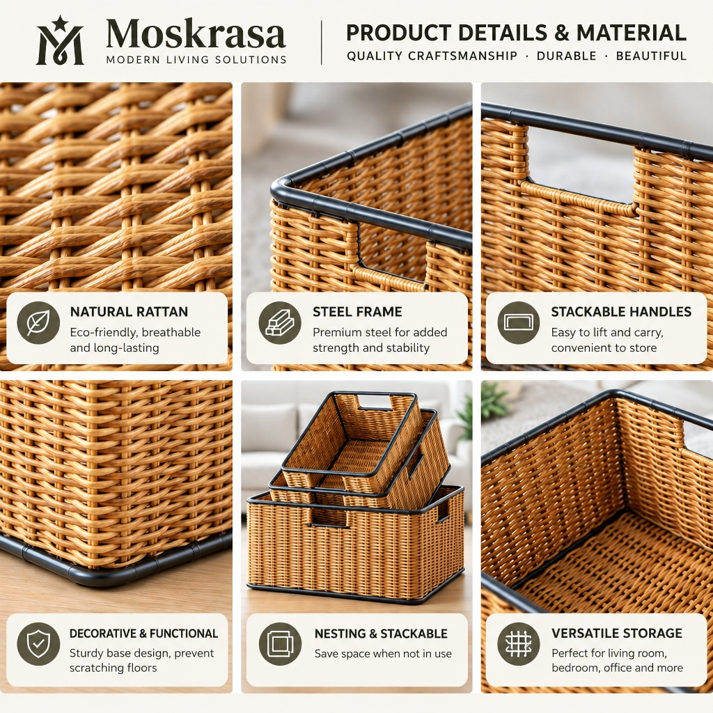 Moskrasa Modern Woven Rattan Storage Baskets with Steel Frame – Stackable & Nesting Organizer Bins for Home Decor (Set of 3)