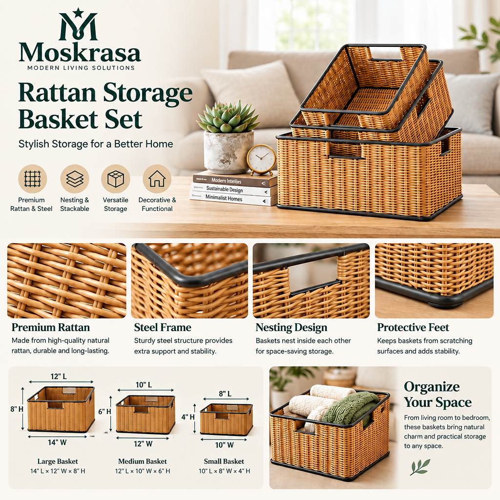 Moskrasa Modern Woven Rattan Storage Baskets with Steel Frame – Stackable & Nesting Organizer Bins for Home Decor (Set of 3)