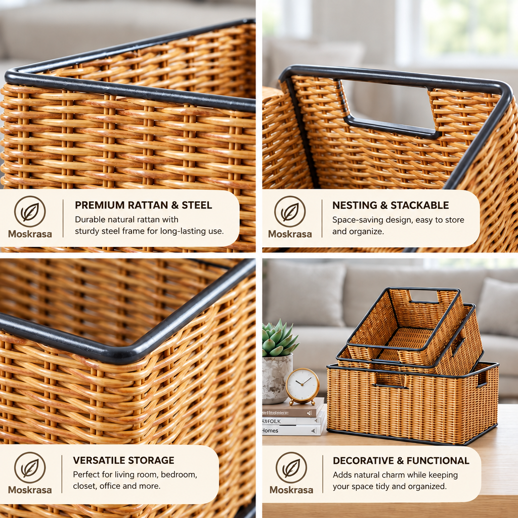 Moskrasa Modern Woven Rattan Storage Baskets with Steel Frame – Stackable & Nesting Organizer Bins for Home Decor (Set of 3)