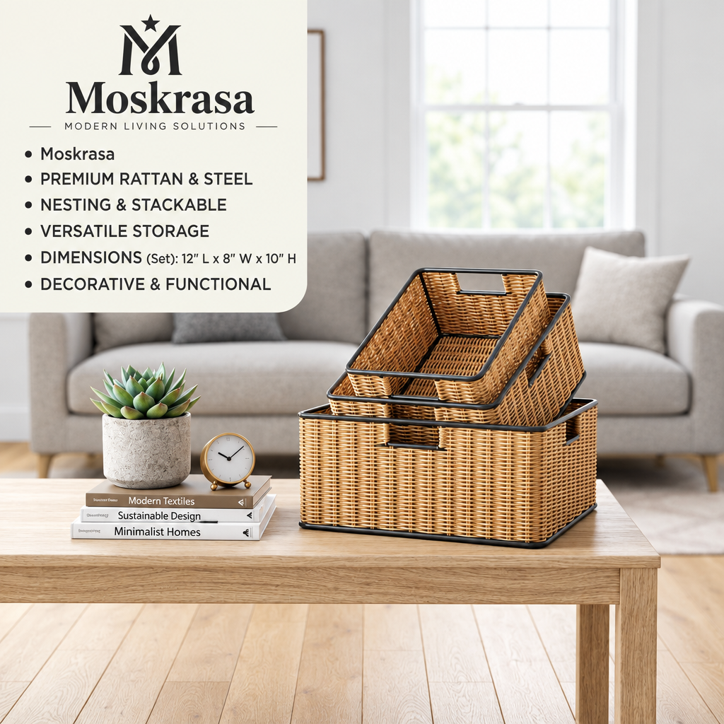 Moskrasa Modern Woven Rattan Storage Baskets with Steel Frame – Stackable & Nesting Organizer Bins for Home Decor (Set of 3)
