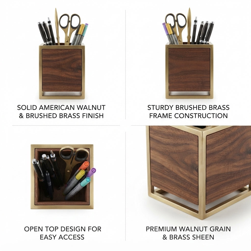 Moskrasa Luxury Desk Organizer Pen Holder – Solid American Walnut & Brushed Brass Accent Pencil Cup for Home & Office