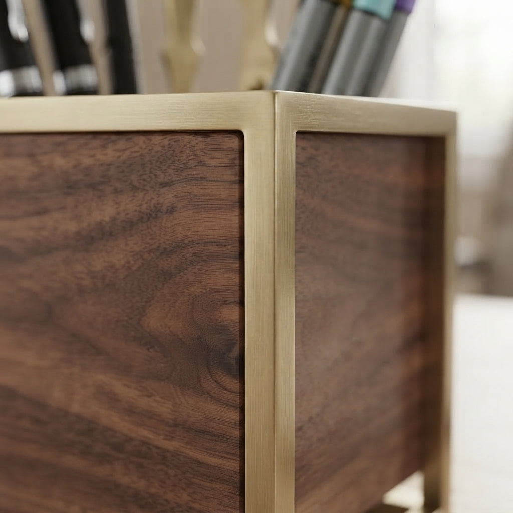 Moskrasa Luxury Desk Organizer Pen Holder – Solid American Walnut & Brushed Brass Accent Pencil Cup for Home & Office