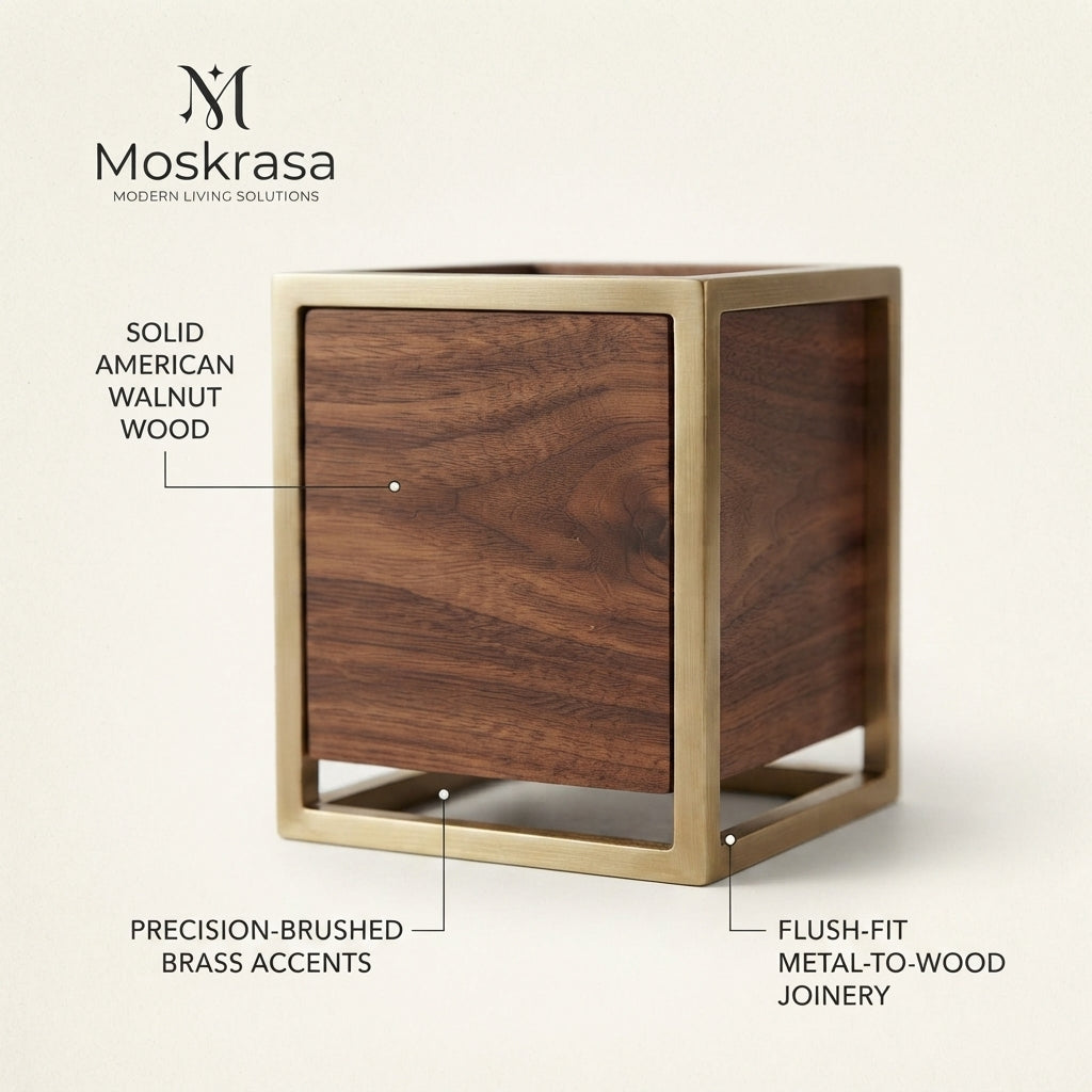 Moskrasa Luxury Desk Organizer Pen Holder – Solid American Walnut & Brushed Brass Accent Pencil Cup for Home & Office