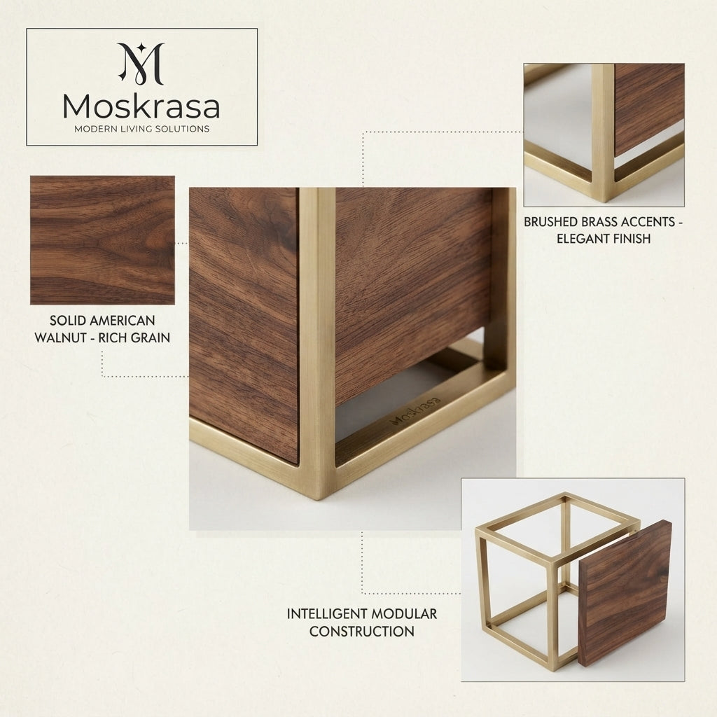 Moskrasa Luxury Desk Organizer Pen Holder – Solid American Walnut & Brushed Brass Accent Pencil Cup for Home & Office