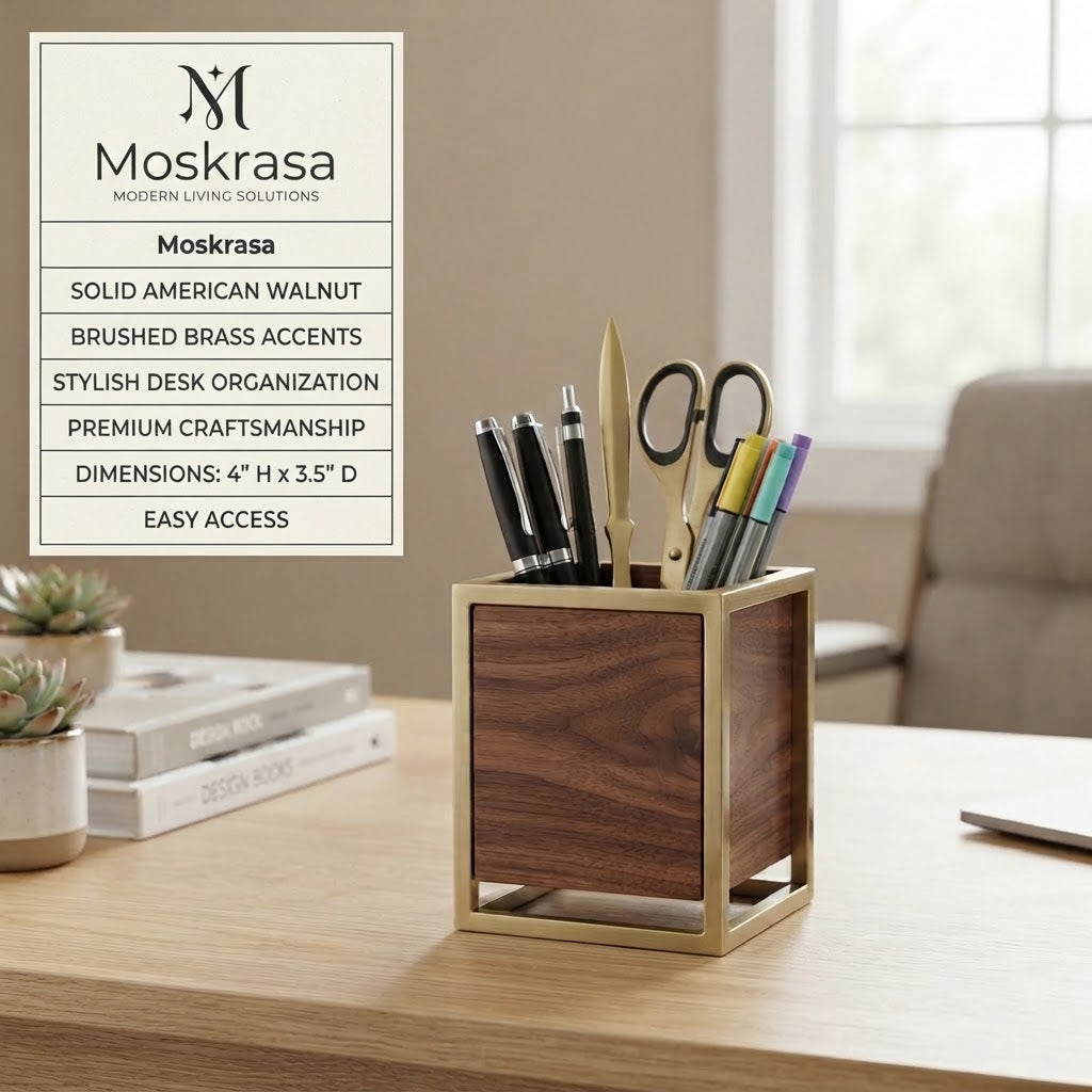 Moskrasa Luxury Desk Organizer Pen Holder – Solid American Walnut & Brushed Brass Accent Pencil Cup for Home & Office
