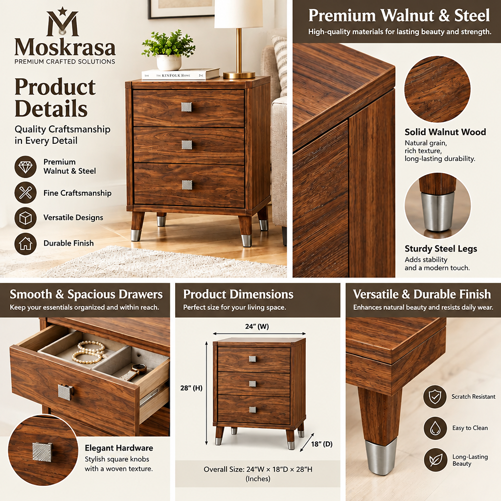 Moskrasa Mid-Century Modern Walnut Jewelry Box &amp; Tabletop Organizer | 4-Drawer Armoire with Brushed Steel Accents