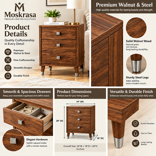 Moskrasa Mid-Century Modern Walnut Jewelry Box &amp; Tabletop Organizer | 4-Drawer Armoire with Brushed Steel Accents