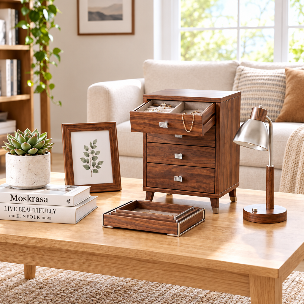 Moskrasa Mid-Century Modern Walnut Jewelry Box &amp; Tabletop Organizer | 4-Drawer Armoire with Brushed Steel Accents