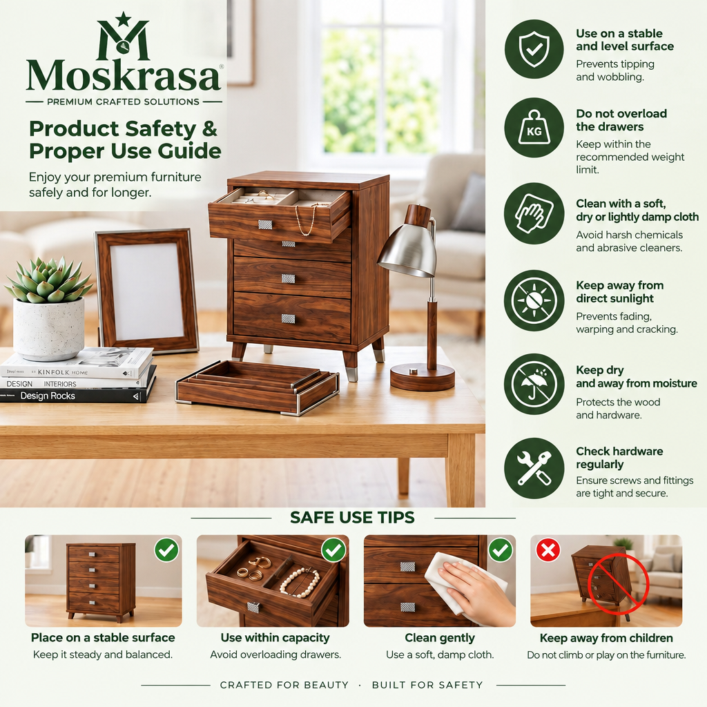 Moskrasa Mid-Century Modern Walnut Jewelry Box &amp; Tabletop Organizer | 4-Drawer Armoire with Brushed Steel Accents