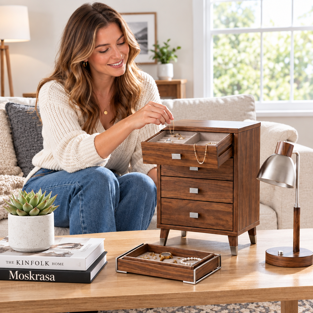 Moskrasa Mid-Century Modern Walnut Jewelry Box &amp; Tabletop Organizer | 4-Drawer Armoire with Brushed Steel Accents