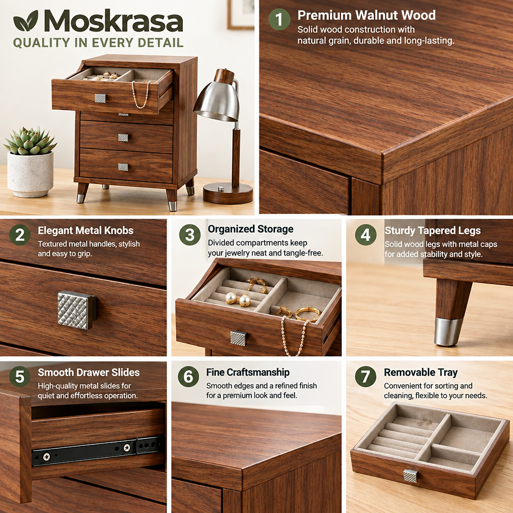 Moskrasa Mid-Century Modern Walnut Jewelry Box &amp; Tabletop Organizer | 4-Drawer Armoire with Brushed Steel Accents