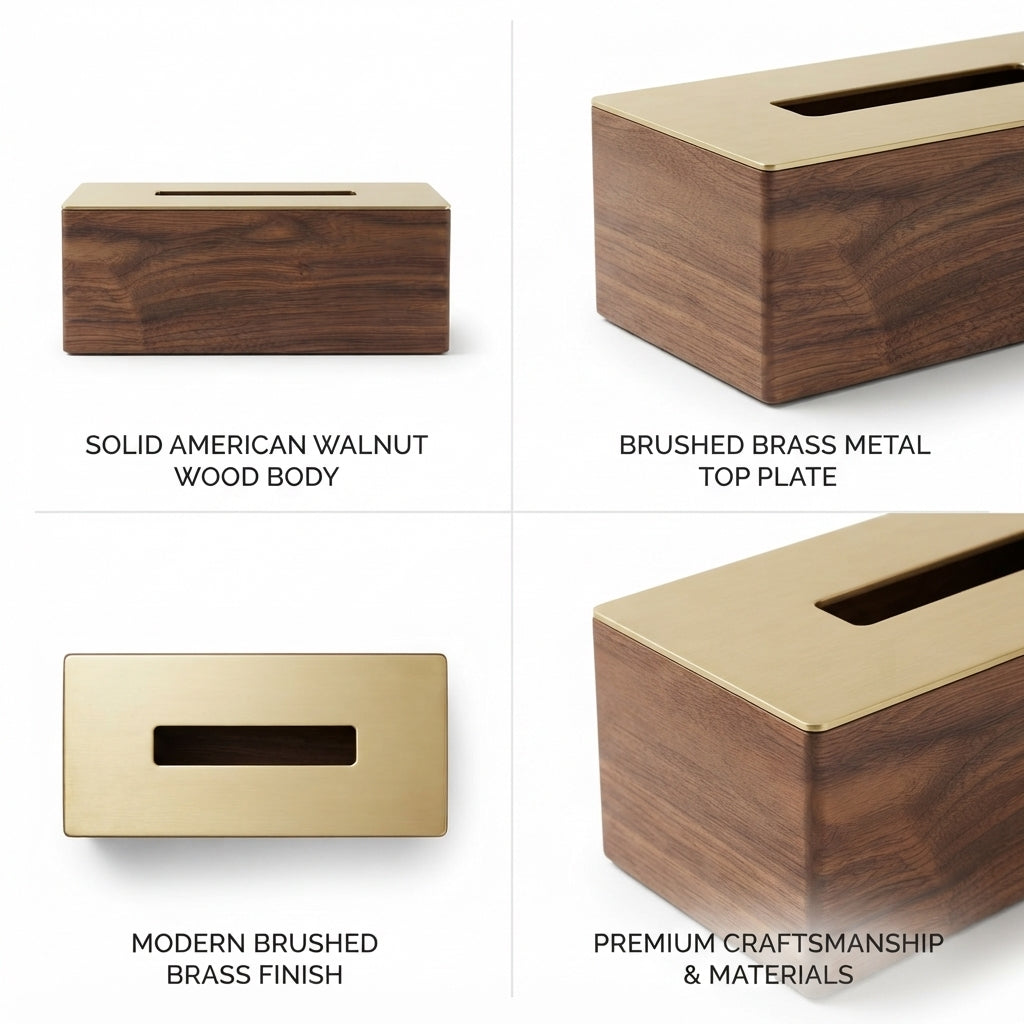 Moskrasa Luxury Rectangular Tissue Box Cover – Solid American Walnut Wood & Brushed Brass Top, Modern Decorative Facial Tissue Holder
