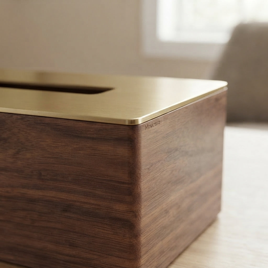 Moskrasa Luxury Rectangular Tissue Box Cover – Solid American Walnut Wood & Brushed Brass Top, Modern Decorative Facial Tissue Holder