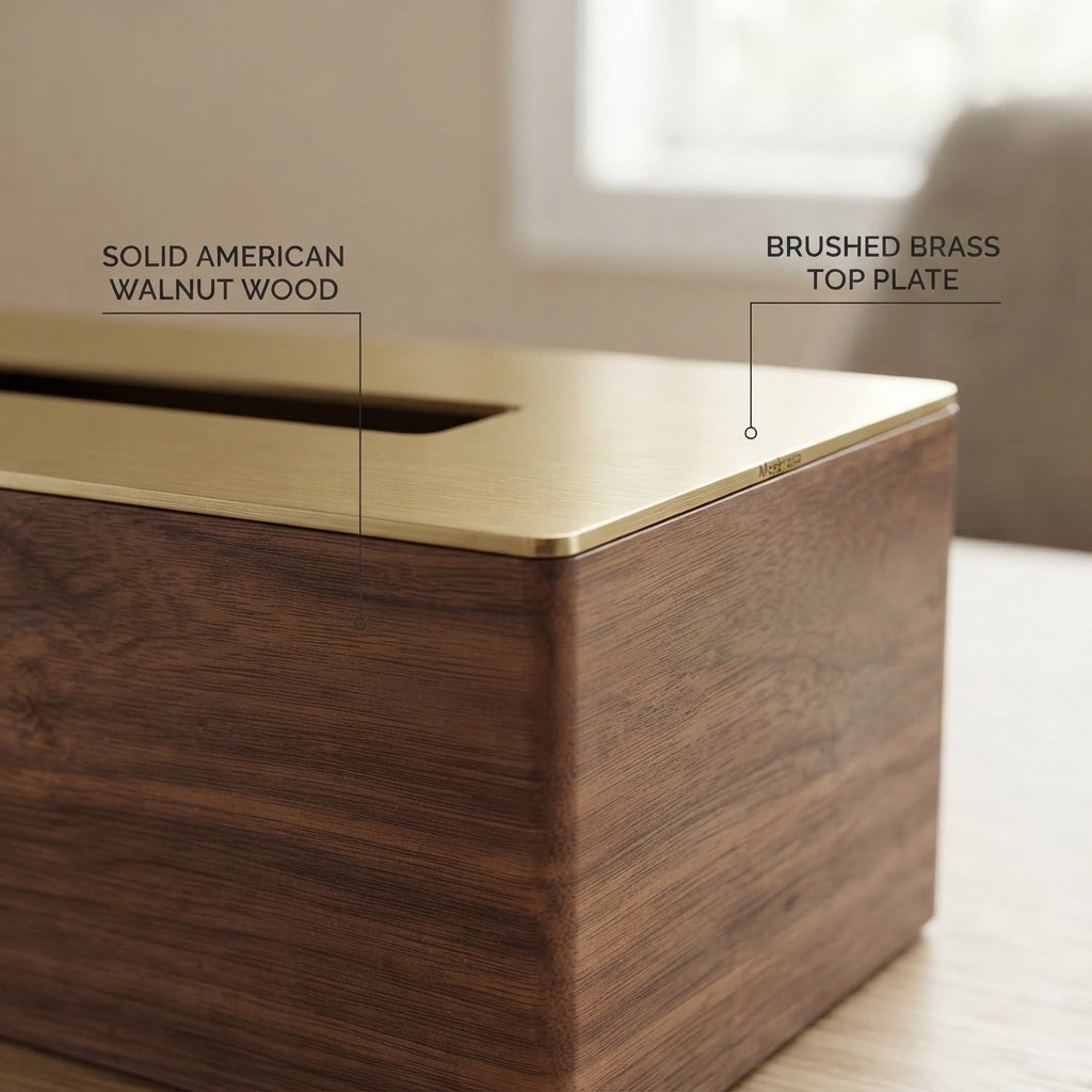 Moskrasa Luxury Rectangular Tissue Box Cover – Solid American Walnut Wood & Brushed Brass Top, Modern Decorative Facial Tissue Holder