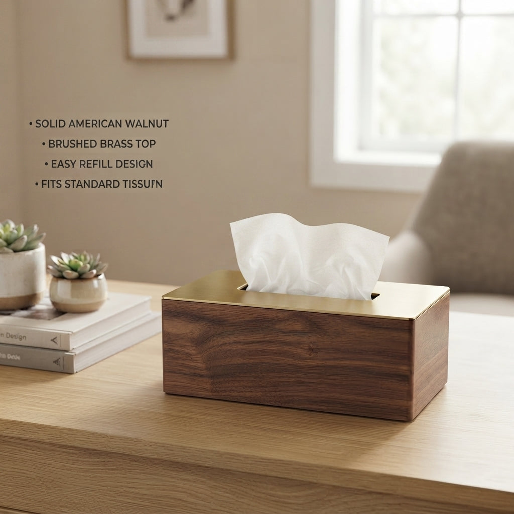 Moskrasa Luxury Rectangular Tissue Box Cover – Solid American Walnut Wood & Brushed Brass Top, Modern Decorative Facial Tissue Holder