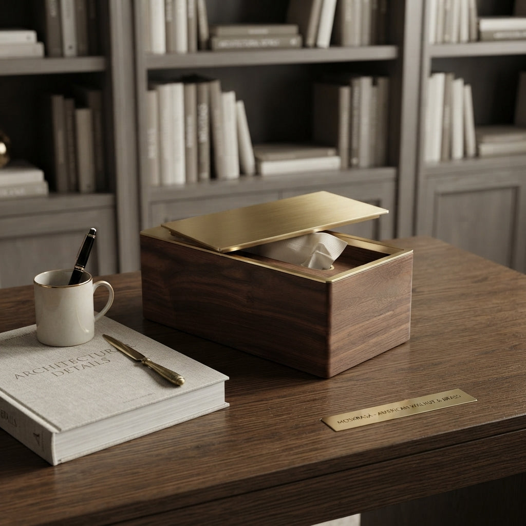 Moskrasa Luxury Rectangular Tissue Box Cover – Solid American Walnut Wood & Brushed Brass Top, Modern Decorative Facial Tissue Holder