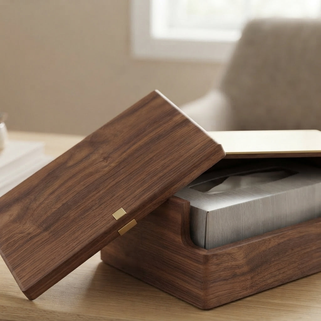 Moskrasa Luxury Rectangular Tissue Box Cover – Solid American Walnut Wood & Brushed Brass Top, Modern Decorative Facial Tissue Holder