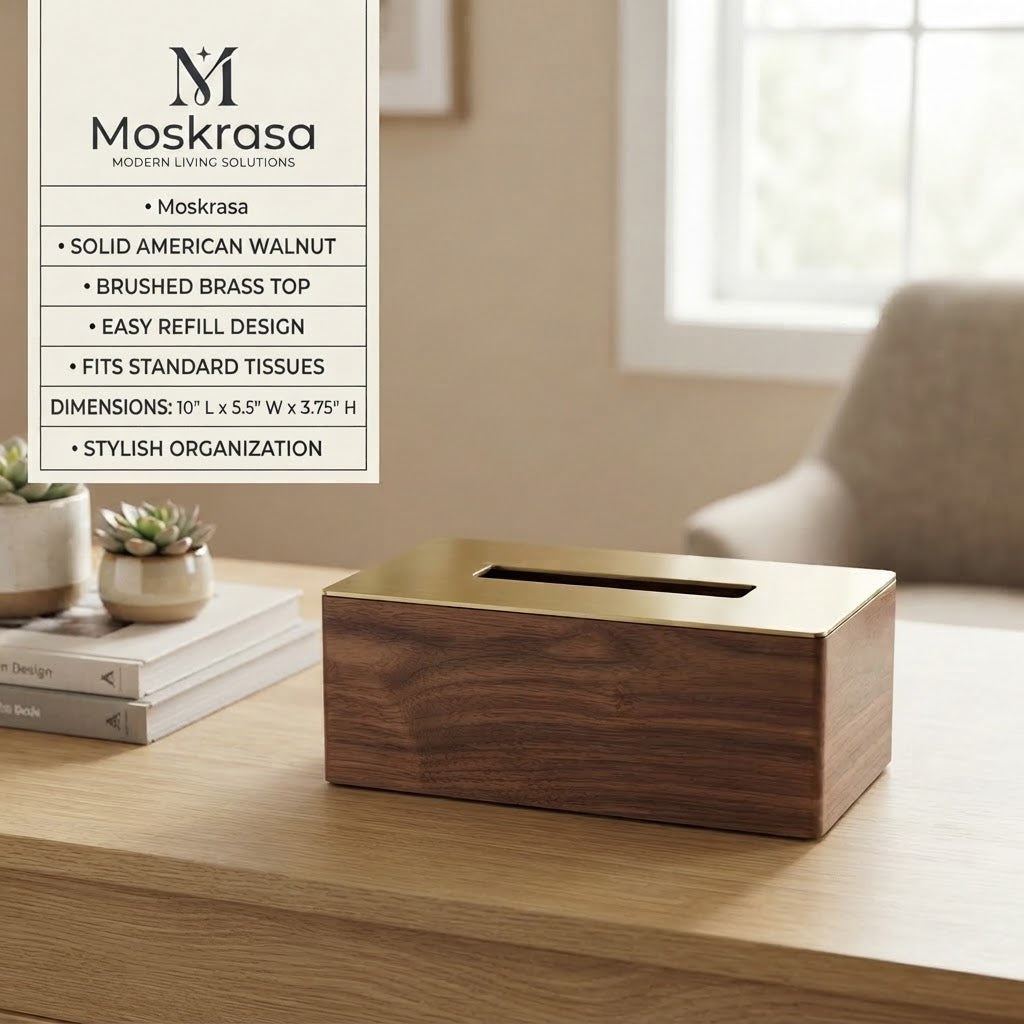 Moskrasa Luxury Rectangular Tissue Box Cover – Solid American Walnut Wood & Brushed Brass Top, Modern Decorative Facial Tissue Holder