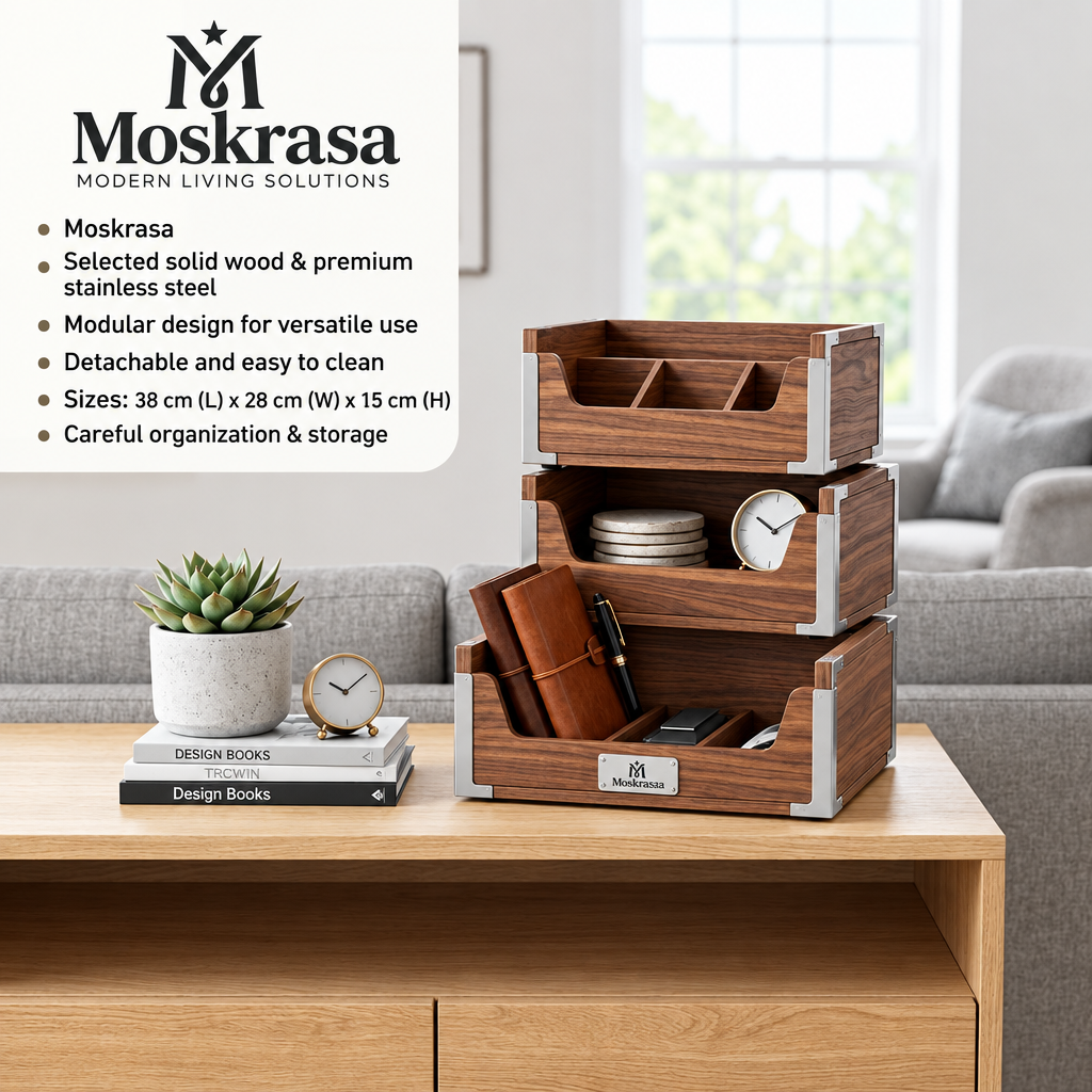Moskrasa Modular Walnut Desktop Organizer – Stackable Solid Wood Storage Caddy with Stainless Steel Hardware