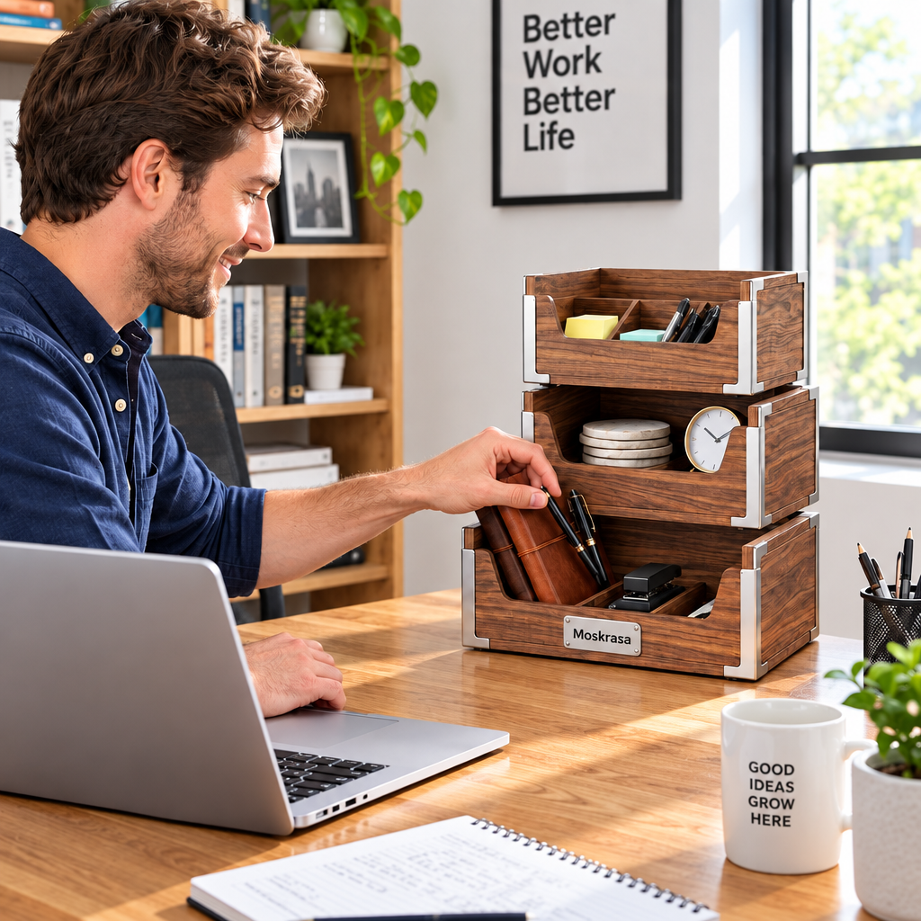 Moskrasa Modular Walnut Desktop Organizer – Stackable Solid Wood Storage Caddy with Stainless Steel Hardware