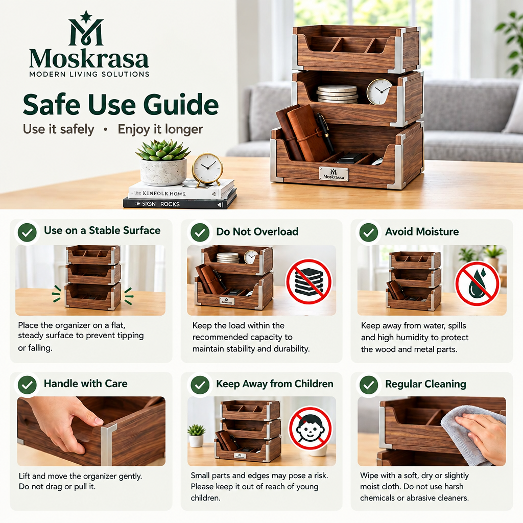 Moskrasa Modular Walnut Desktop Organizer – Stackable Solid Wood Storage Caddy with Stainless Steel Hardware
