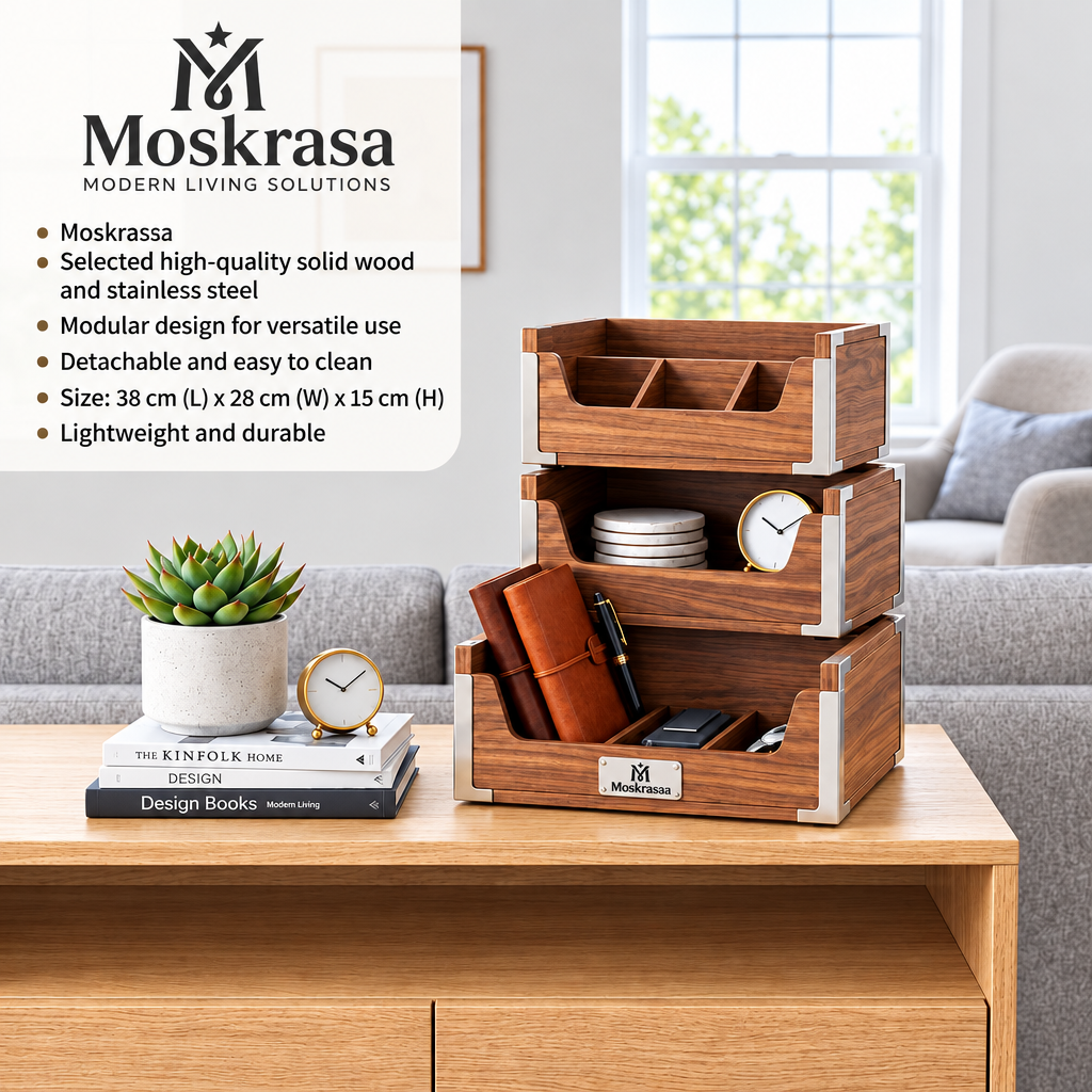 Moskrasa Modular Walnut Desktop Organizer – Stackable Solid Wood Storage Caddy with Stainless Steel Hardware