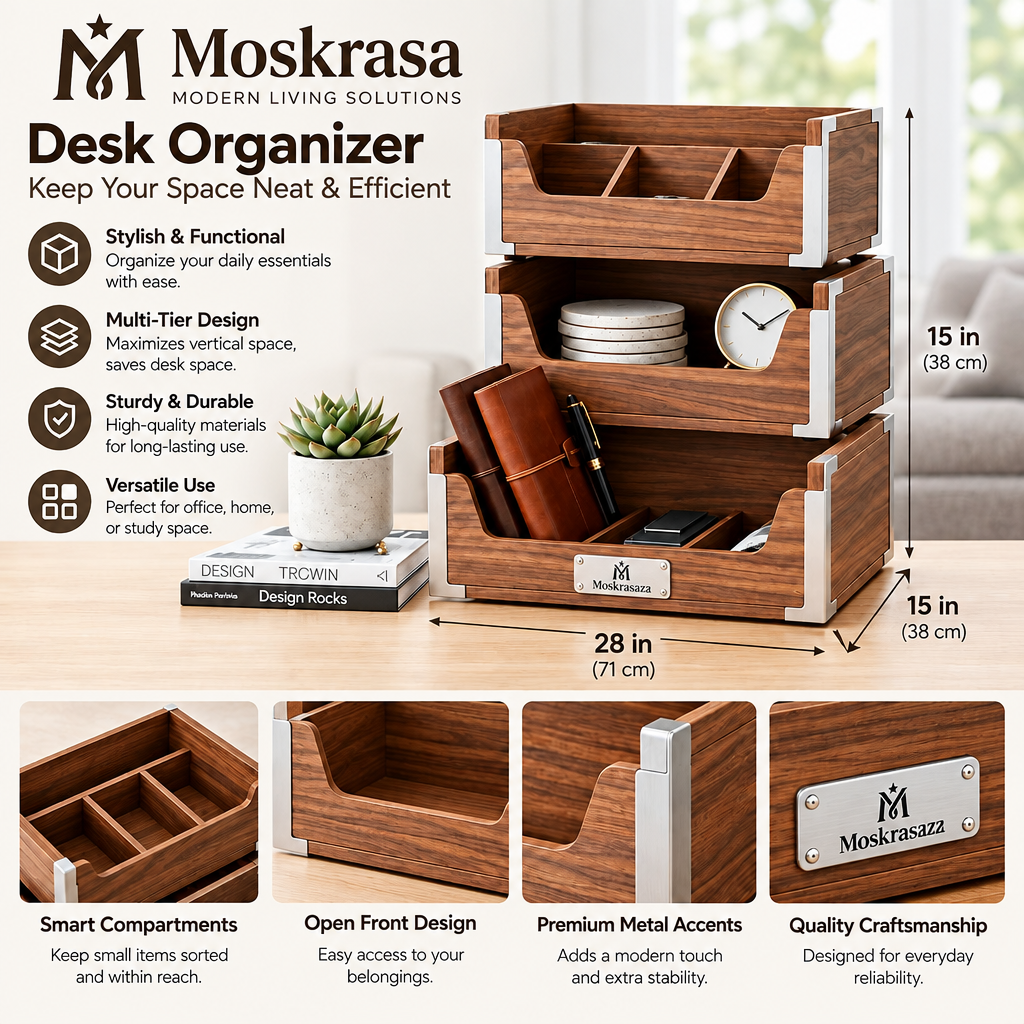 Moskrasa Modular Walnut Desktop Organizer – Stackable Solid Wood Storage Caddy with Stainless Steel Hardware